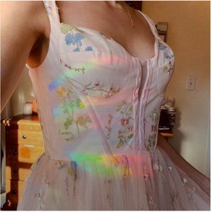 tea length, ball gown dress, pink tulle embroidery floral corset prom Bridgerton